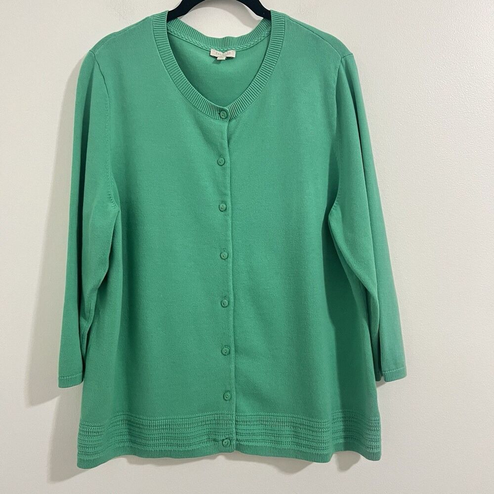 Talbots Cardigan Sweater Size XL Green Knit Crochet Hem Modest Christmas Preppy